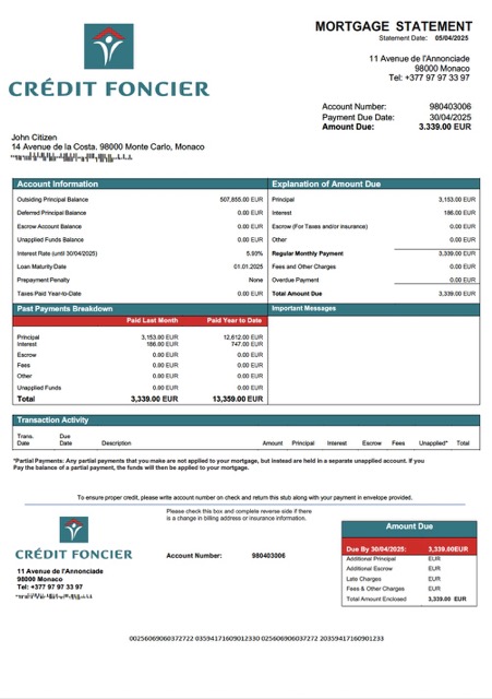 Download Monaco Credit Foncier de Monaco mortgage statement Word and PDF template Photoshop template